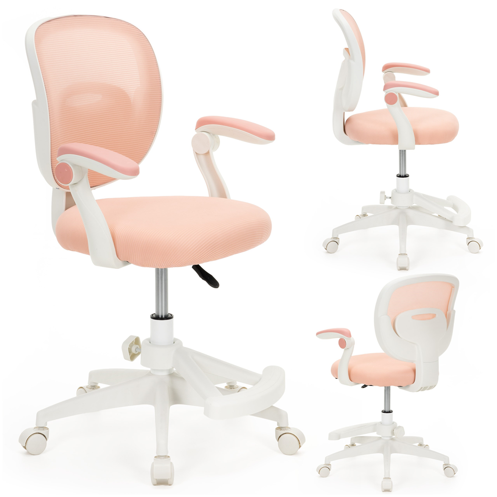 Scaun de birou ergonomic pentru copii, cu spatar din plasa respirabila, sezut tapitat cu burete de 6 cm, inaltime reglabila, cotiere rabatabile si suport pentru picioare, maxim 120 kg, 52x60x81-91 cm, roz - imagine 2