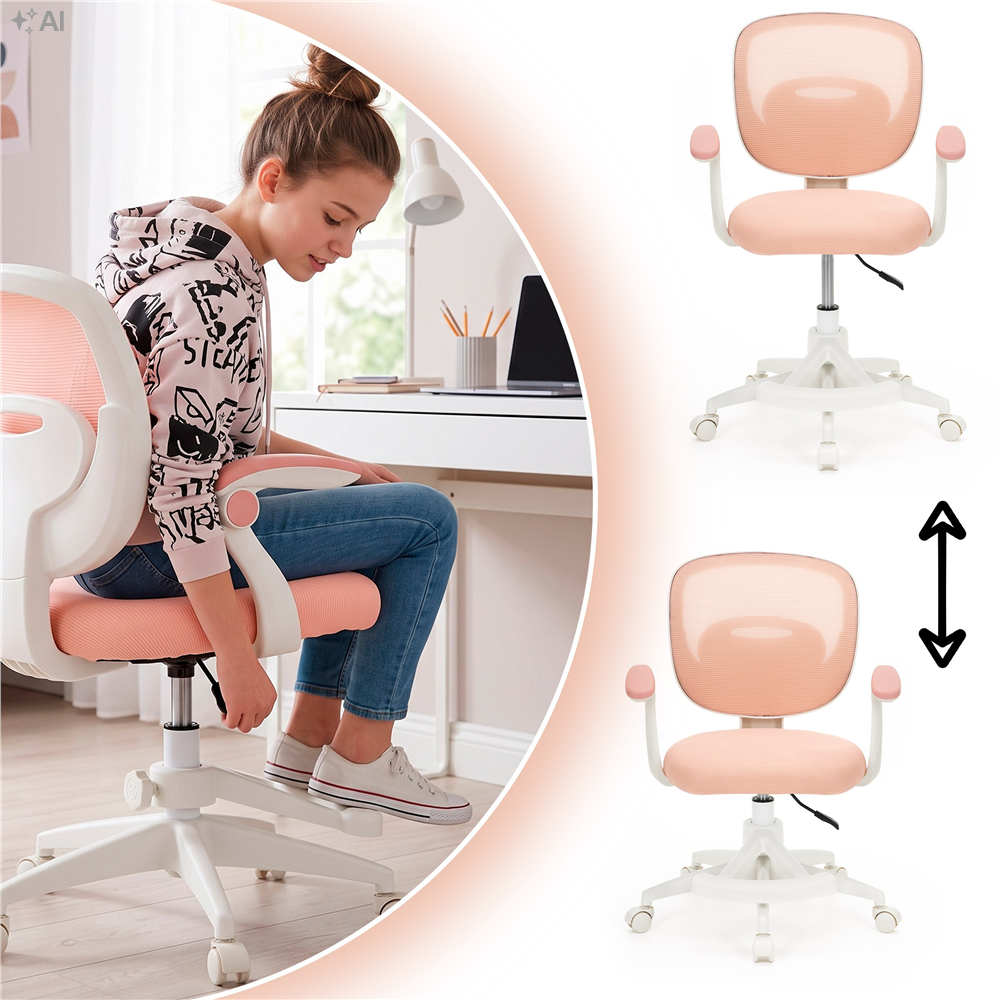 Scaun de birou ergonomic pentru copii, cu spatar din plasa respirabila, sezut tapitat cu burete de 6 cm, inaltime reglabila, cotiere rabatabile si suport pentru picioare, maxim 120 kg, 52x60x81-91 cm, roz - imagine 25