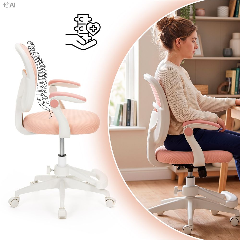 Scaun de birou ergonomic pentru copii, cu spatar din plasa respirabila, sezut tapitat cu burete de 6 cm, inaltime reglabila, cotiere rabatabile si suport pentru picioare, maxim 120 kg, 52x60x81-91 cm, roz - imagine 27