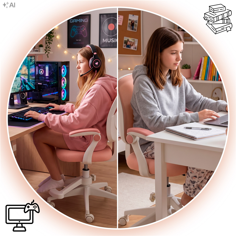 Scaun de birou ergonomic pentru copii, cu spatar din plasa respirabila, sezut tapitat cu burete de 6 cm, inaltime reglabila, cotiere rabatabile si suport pentru picioare, maxim 120 kg, 52x60x81-91 cm, roz - imagine 28
