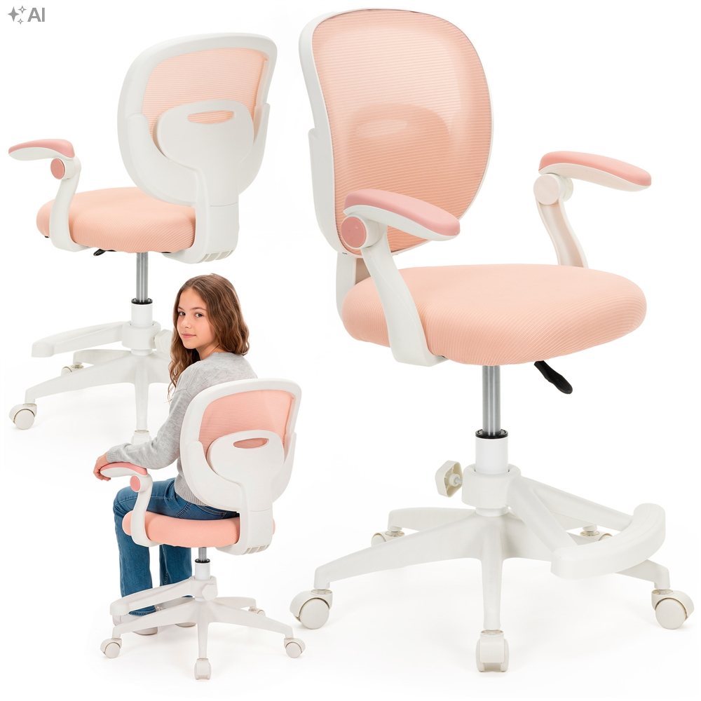 Scaun de birou ergonomic pentru copii, cu spatar din plasa respirabila, sezut tapitat cu burete de 6 cm, inaltime reglabila, cotiere rabatabile si suport pentru picioare, maxim 120 kg, 52x60x81-91 cm, roz - imagine 3