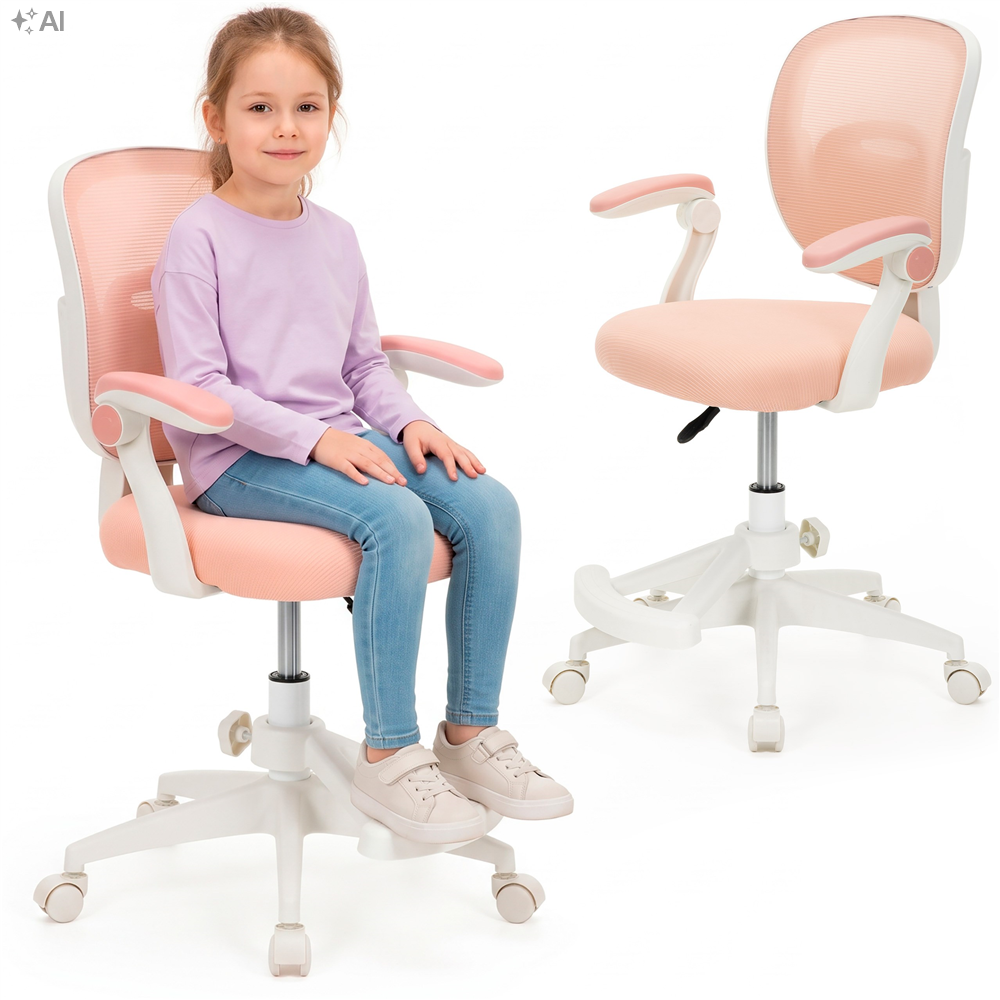 Scaun de birou ergonomic pentru copii, cu spatar din plasa respirabila, sezut tapitat cu burete de 6 cm, inaltime reglabila, cotiere rabatabile si suport pentru picioare, maxim 120 kg, 52x60x81-91 cm, roz - imagine 4