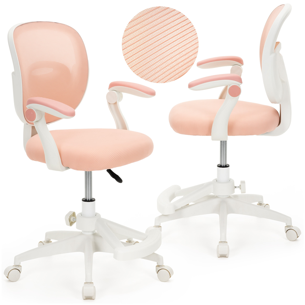 Scaun de birou ergonomic pentru copii, cu spatar din plasa respirabila, sezut tapitat cu burete de 6 cm, inaltime reglabila, cotiere rabatabile si suport pentru picioare, maxim 120 kg, 52x60x81-91 cm, roz - imagine 6