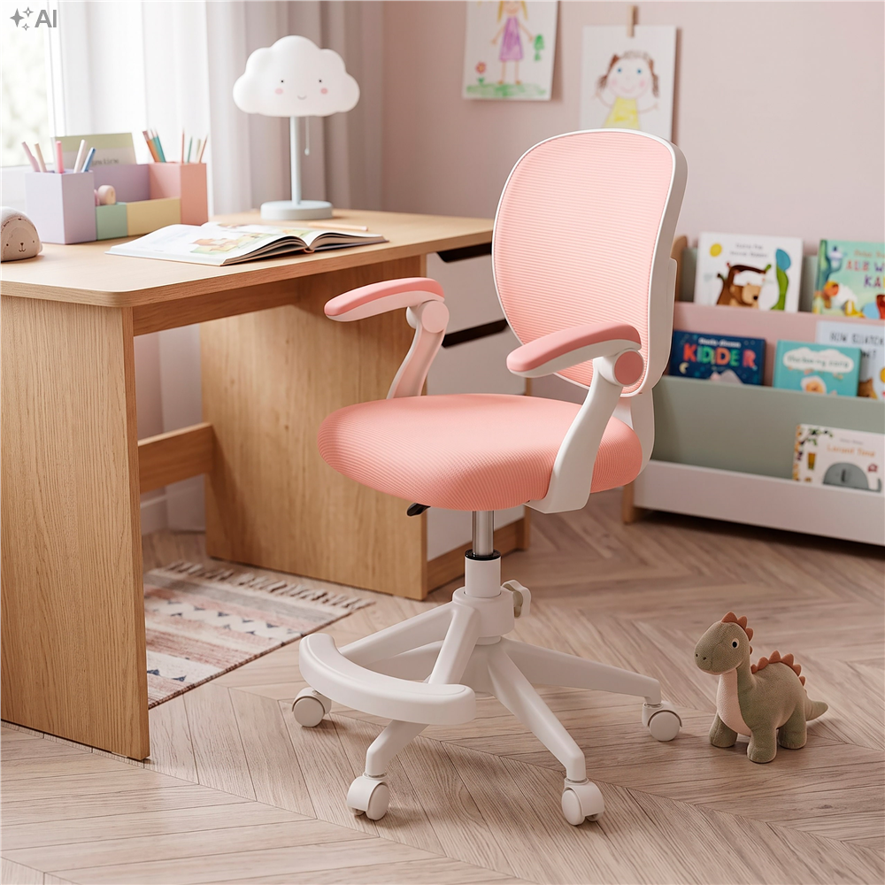Scaun de birou ergonomic pentru copii, cu spatar din plasa respirabila, sezut tapitat cu burete de 6 cm, inaltime reglabila, cotiere rabatabile si suport pentru picioare, maxim 120 kg, 52x60x81-91 cm, roz - imagine 7