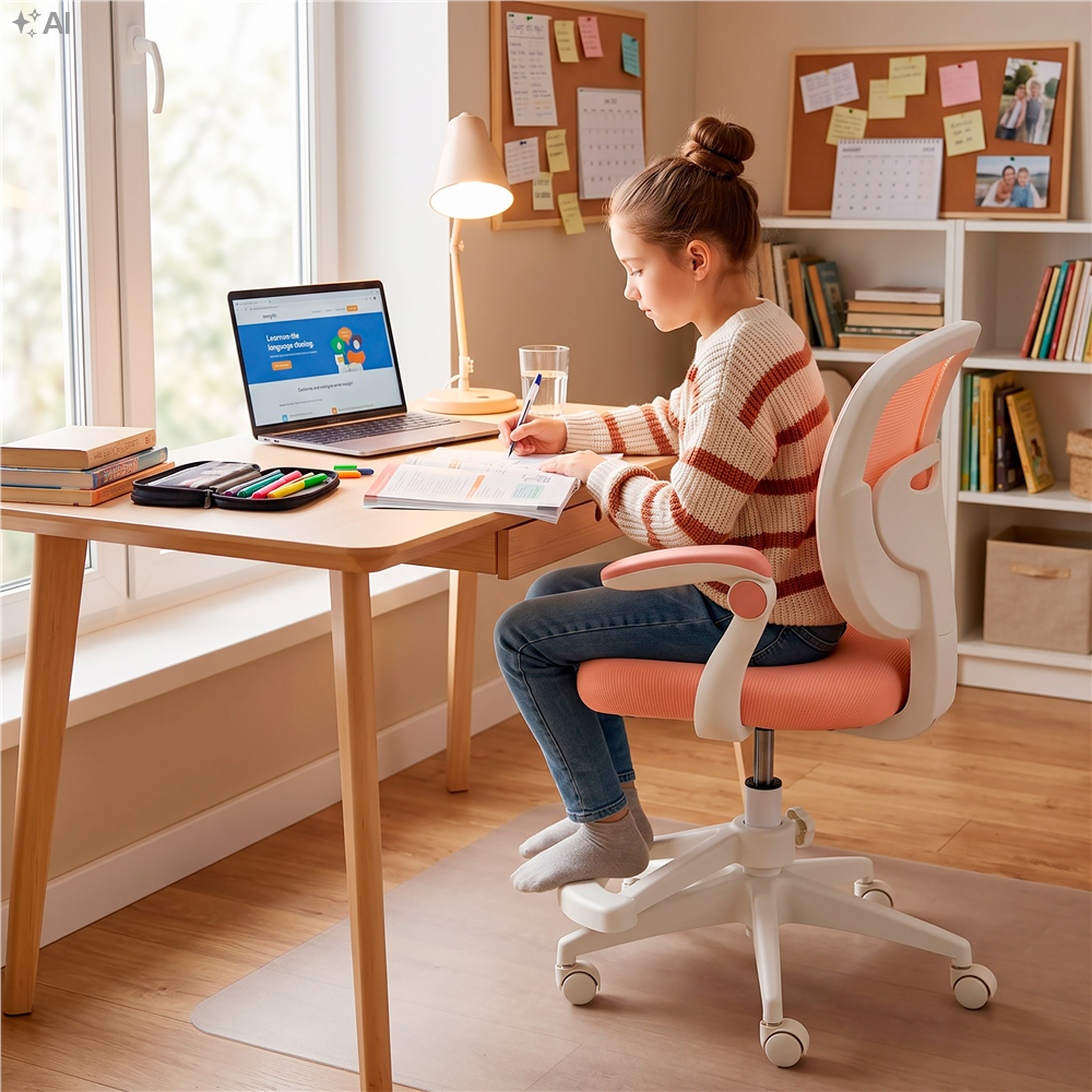 Scaun de birou ergonomic pentru copii, cu spatar din plasa respirabila, sezut tapitat cu burete de 6 cm, inaltime reglabila, cotiere rabatabile si suport pentru picioare, maxim 120 kg, 52x60x81-91 cm, roz - imagine 8