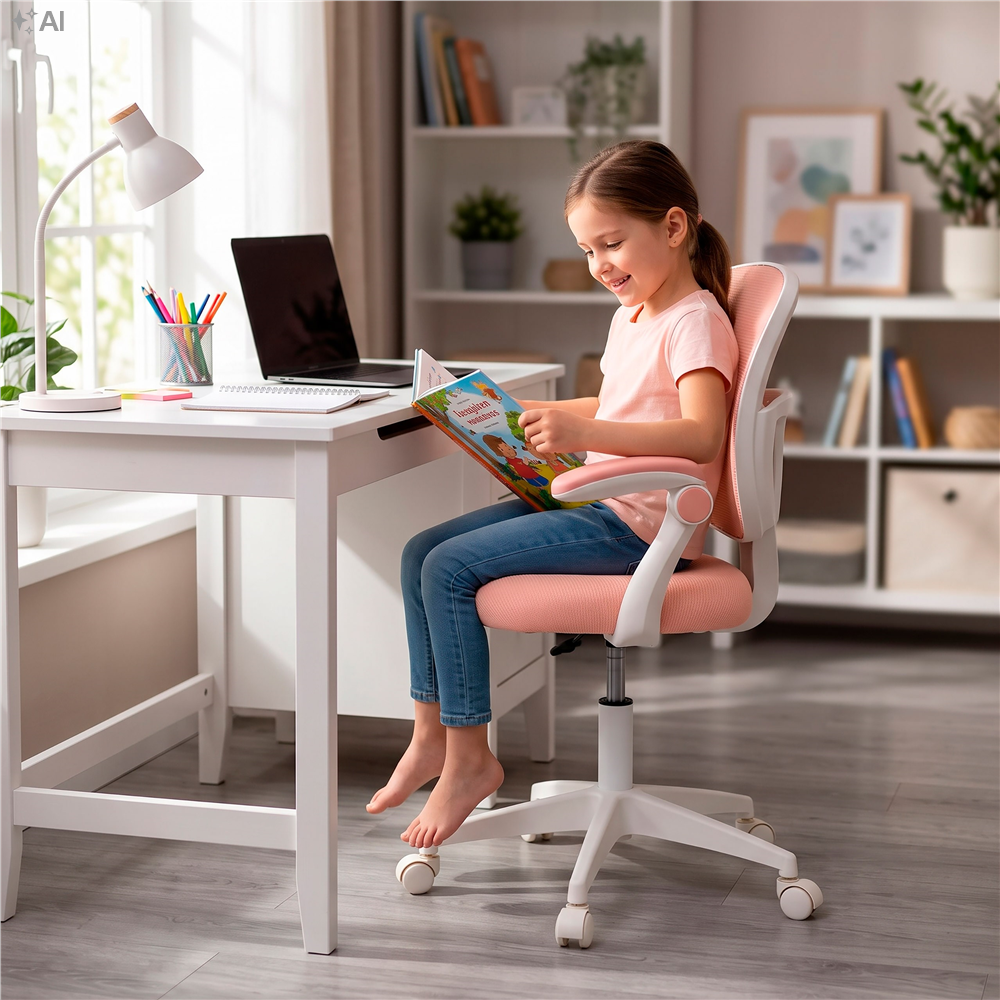 Scaun de birou ergonomic pentru copii, cu spatar din plasa respirabila, sezut tapitat cu burete de 6 cm, inaltime reglabila, cotiere rabatabile si suport pentru picioare, maxim 120 kg, 52x60x81-91 cm, roz - imagine 9