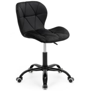 Scaun de birou rotativ cu inaltime reglabila, tapiterie moale din velur si sezut cu umplutura din spuma, baza metalica stabila cu roti pivotante din cauciuc siliconic, maxim 120 kg, 50x47x70-80 cm, negru