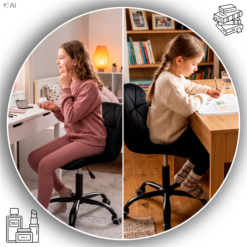 Scaun de birou rotativ cu inaltime reglabila, tapiterie moale din velur si sezut cu umplutura din spuma, baza metalica stabila cu roti pivotante din cauciuc siliconic, maxim 120 kg, 50x47x70-80 cm, negru - imagine 26