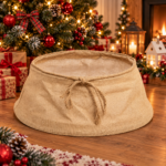 Cos decorativ pentru baza bradului de Craciun, diametru 56 cm si inaltime 25 cm, design rustic cu aspect de iuta, pentru mascarea suportului bradului natural sau artificial, bej