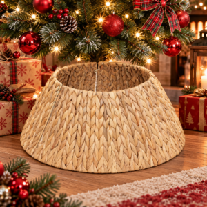 Cos decorativ pentru baza bradului de Craciun, masca pentru suportul bradului, design impletit cu aspect rustic, diametru 56 cm, inaltime 22 cm, bej