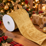 Panglica decorativa din catifea pentru bradul de Craciun, rola de 5 m lungime si 12 cm latime, material moale cu textura catifelata, ideala pentru realizarea fundelor voluminoase, impodobirea bradului, auriu