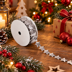 Panglica decorativa pentru bradul de Craciun, rola de 5 m lungime si 2 cm latime, aspect elegant si stralucitor, pentru impodobirea bradului, ambalarea cadourilor si aranjamentelor festive, argintiu