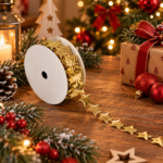Panglica decorativa pentru bradul de Craciun, rola de 5 m lungime si 2 cm latime, aspect elegant si stralucitor, pentru impodobirea bradului, ambalarea cadourilor si aranjamentelor festive, auriu