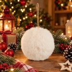 Glob decorativ pufos pentru bradul de Craciun, cu aspect de blana artificiala, design elegant cu textura moale si pufoasa, pentru impodobirea bradului si decorarea aranjamentelor, diametru 10 cm, alb