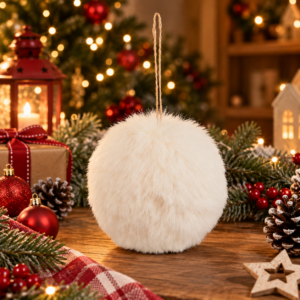 Glob decorativ pufos pentru bradul de Craciun, cu aspect de blana artificiala, design elegant cu textura moale si pufoasa, pentru impodobirea bradului si decorarea aranjamentelor, diametru 10 cm, alb