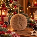 Glob decorativ pufos pentru bradul de Craciun, cu aspect de blana artificiala, design elegant cu textura moale si pufoasa, pentru impodobirea bradului si decorarea aranjamentelor, diametru 10 cm, maro