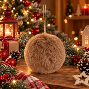 Glob decorativ pufos pentru bradul de Craciun, cu aspect de blana artificiala, design elegant cu textura moale si pufoasa, pentru impodobirea bradului si decorarea aranjamentelor, diametru 10 cm, maro
