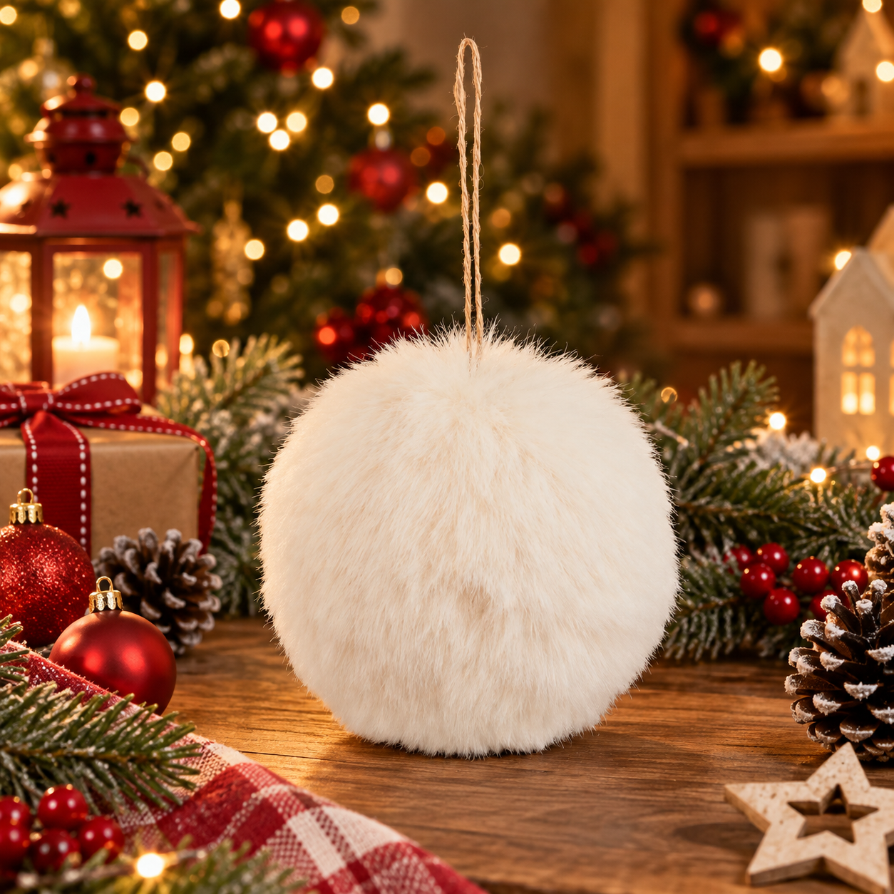 Glob decorativ pufos pentru bradul de Craciun, cu aspect de blana artificiala, design elegant cu textura moale si pufoasa, pentru impodobirea bradului si decorarea aranjamentelor, diametru 10 cm, alb