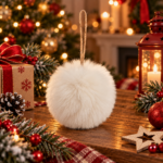 Glob decorativ pufos pentru bradul de Craciun, cu aspect de blana artificiala, design elegant cu textura moale si pufoasa, pentru impodobirea bradului si decorarea aranjamentelor, diametru 8 cm, alb