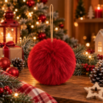 Glob decorativ pufos pentru bradul de Craciun, cu aspect de blana artificiala, design elegant cu textura moale si pufoasa, pentru impodobirea bradului si decorarea aranjamentelor, diametru 8 cm, rosu