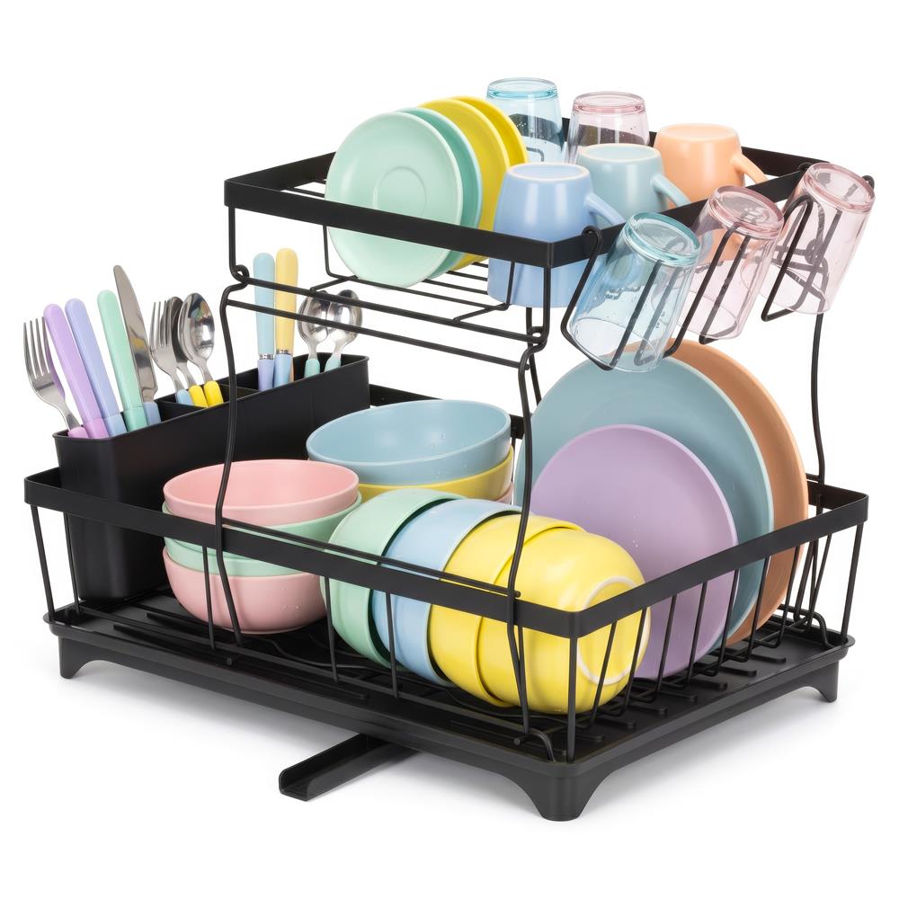 Uscator de vase cu 2 niveluri pentru farfurii, pahare si tacamuri, sistem de scurgere a apei rotativ cu evacuare reglabila, tava de colectare a apei, structura metalica, 42x30x31 cm, negru - imagine 11