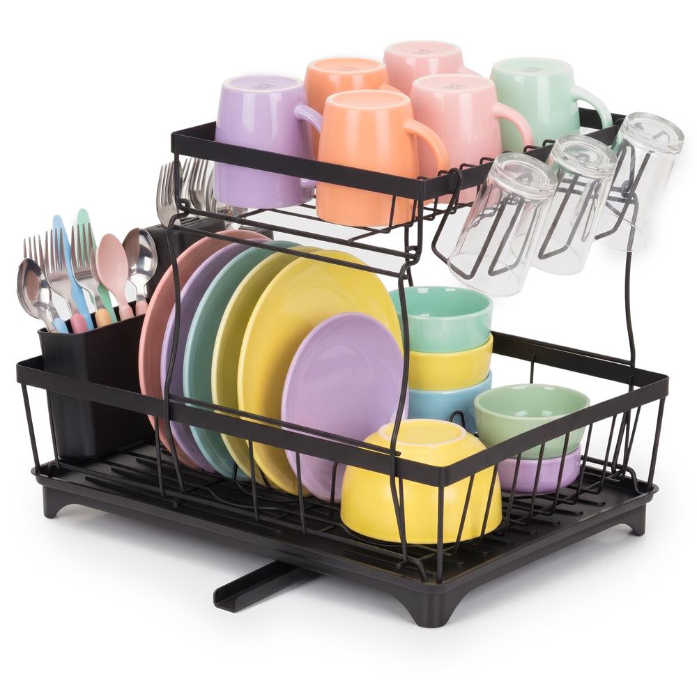 Uscator de vase cu 2 niveluri pentru farfurii, pahare si tacamuri, sistem de scurgere a apei rotativ cu evacuare reglabila, tava de colectare a apei, structura metalica, 42x30x31 cm, negru - imagine 12