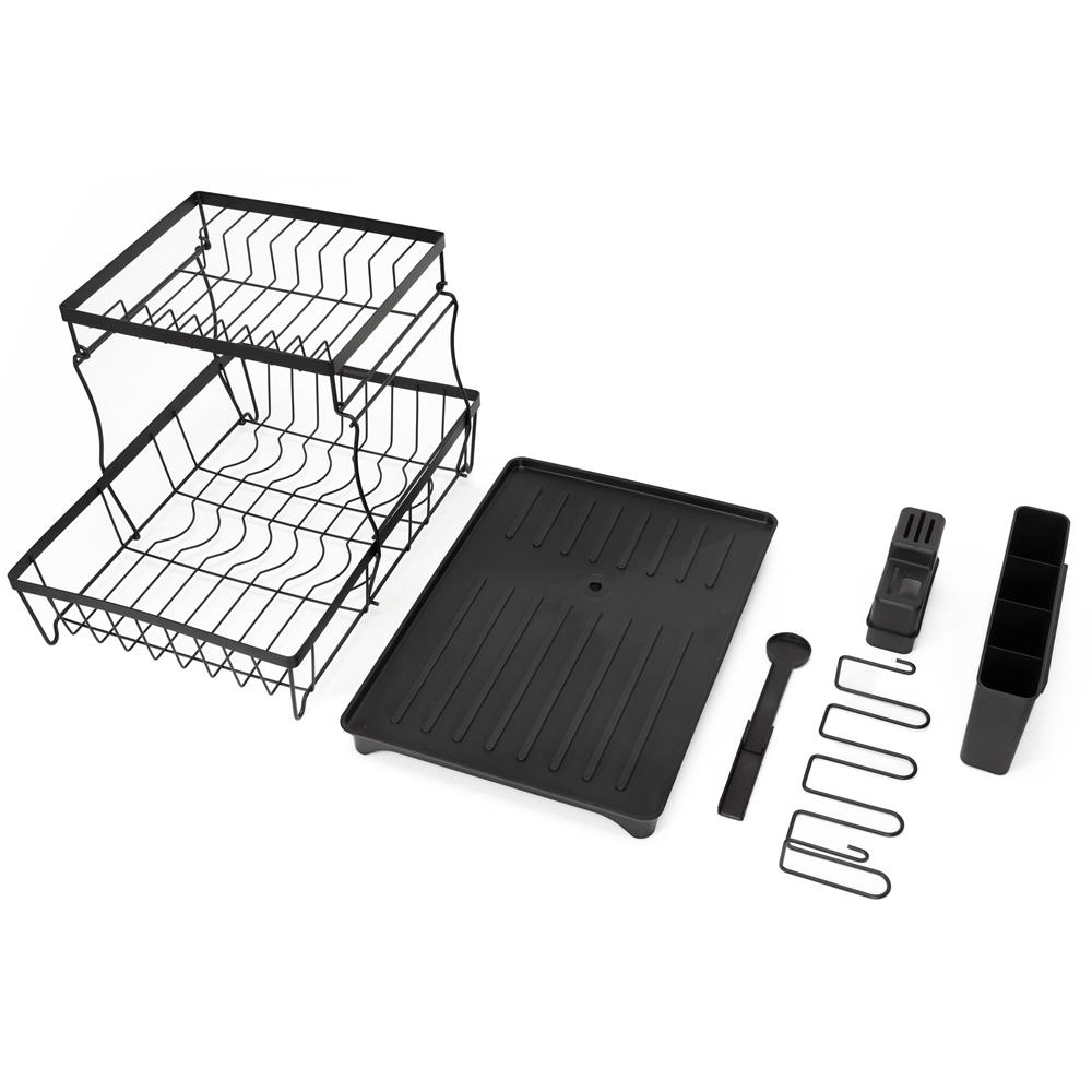 Uscator de vase cu 2 niveluri pentru farfurii, pahare si tacamuri, sistem de scurgere a apei rotativ cu evacuare reglabila, tava de colectare a apei, structura metalica, 42x30x31 cm, negru - imagine 13