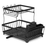 Uscator de vase cu 2 niveluri pentru farfurii, pahare si tacamuri, sistem de scurgere a apei rotativ cu evacuare reglabila, tava de colectare a apei, structura metalica, 42x30x31 cm, negru