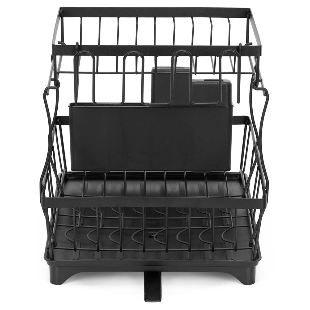 Uscator de vase cu 2 niveluri pentru farfurii, pahare si tacamuri, sistem de scurgere a apei rotativ cu evacuare reglabila, tava de colectare a apei, structura metalica, 42x30x31 cm, negru - imagine 14