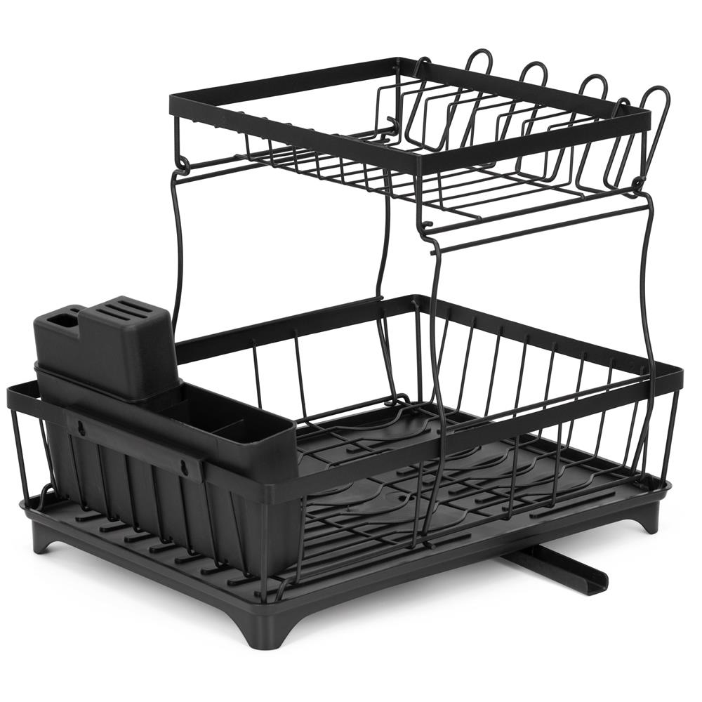 Uscator de vase cu 2 niveluri pentru farfurii, pahare si tacamuri, sistem de scurgere a apei rotativ cu evacuare reglabila, tava de colectare a apei, structura metalica, 42x30x31 cm, negru - imagine 27