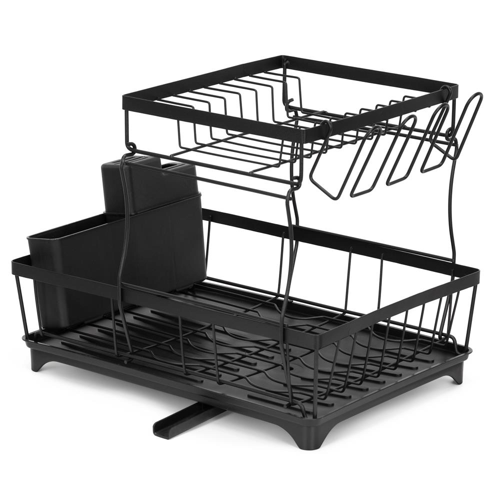 Uscator de vase cu 2 niveluri pentru farfurii, pahare si tacamuri, sistem de scurgere a apei rotativ cu evacuare reglabila, tava de colectare a apei, structura metalica, 42x30x31 cm, negru - imagine 15