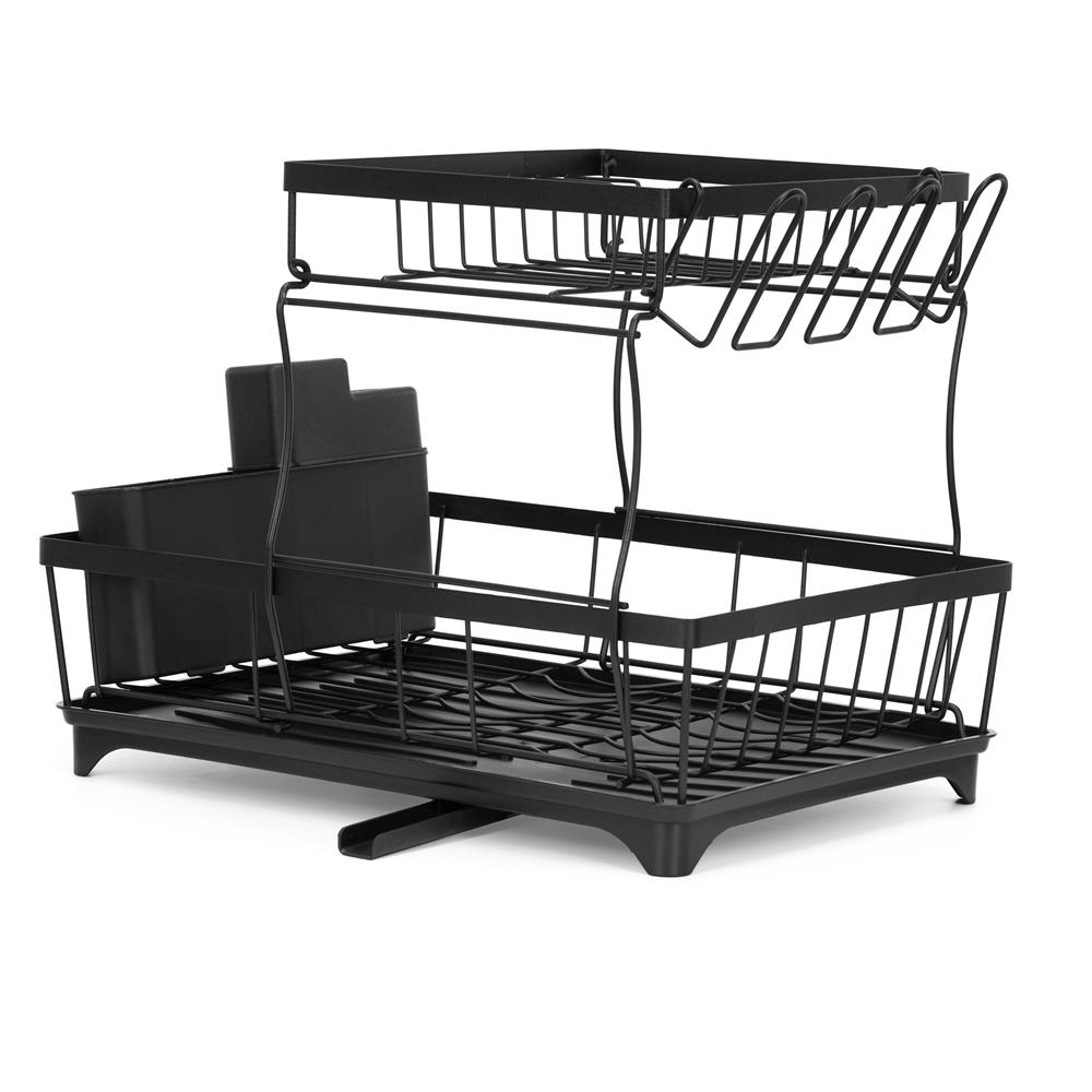 Uscator de vase cu 2 niveluri pentru farfurii, pahare si tacamuri, sistem de scurgere a apei rotativ cu evacuare reglabila, tava de colectare a apei, structura metalica, 42x30x31 cm, negru - imagine 16