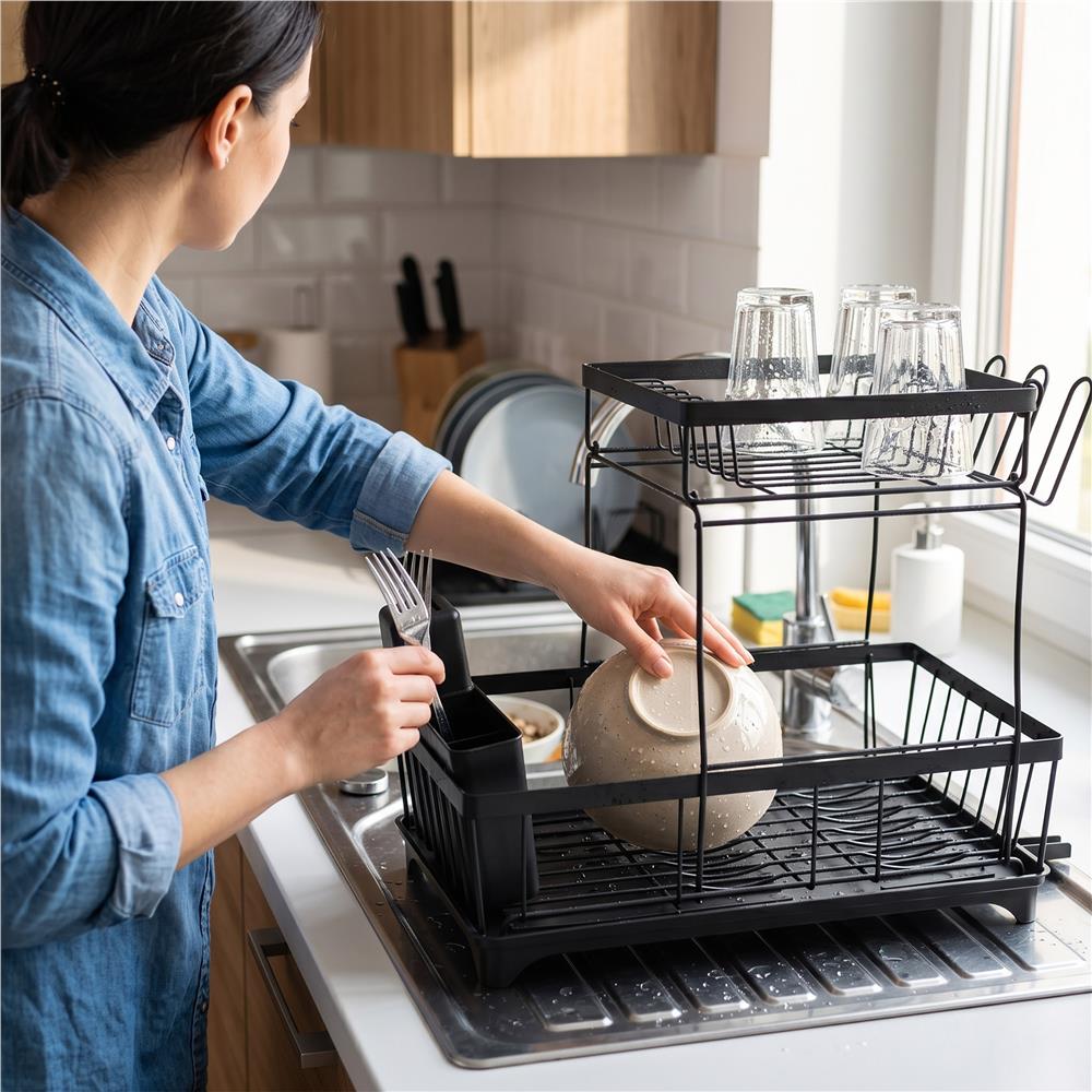Uscator de vase cu 2 niveluri pentru farfurii, pahare si tacamuri, sistem de scurgere a apei rotativ cu evacuare reglabila, tava de colectare a apei, structura metalica, 42x30x31 cm, negru - imagine 17