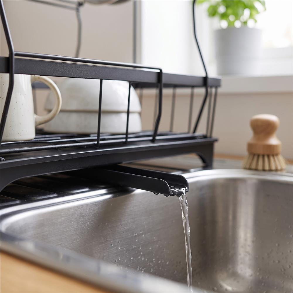 Uscator de vase cu 2 niveluri pentru farfurii, pahare si tacamuri, sistem de scurgere a apei rotativ cu evacuare reglabila, tava de colectare a apei, structura metalica, 42x30x31 cm, negru - imagine 18