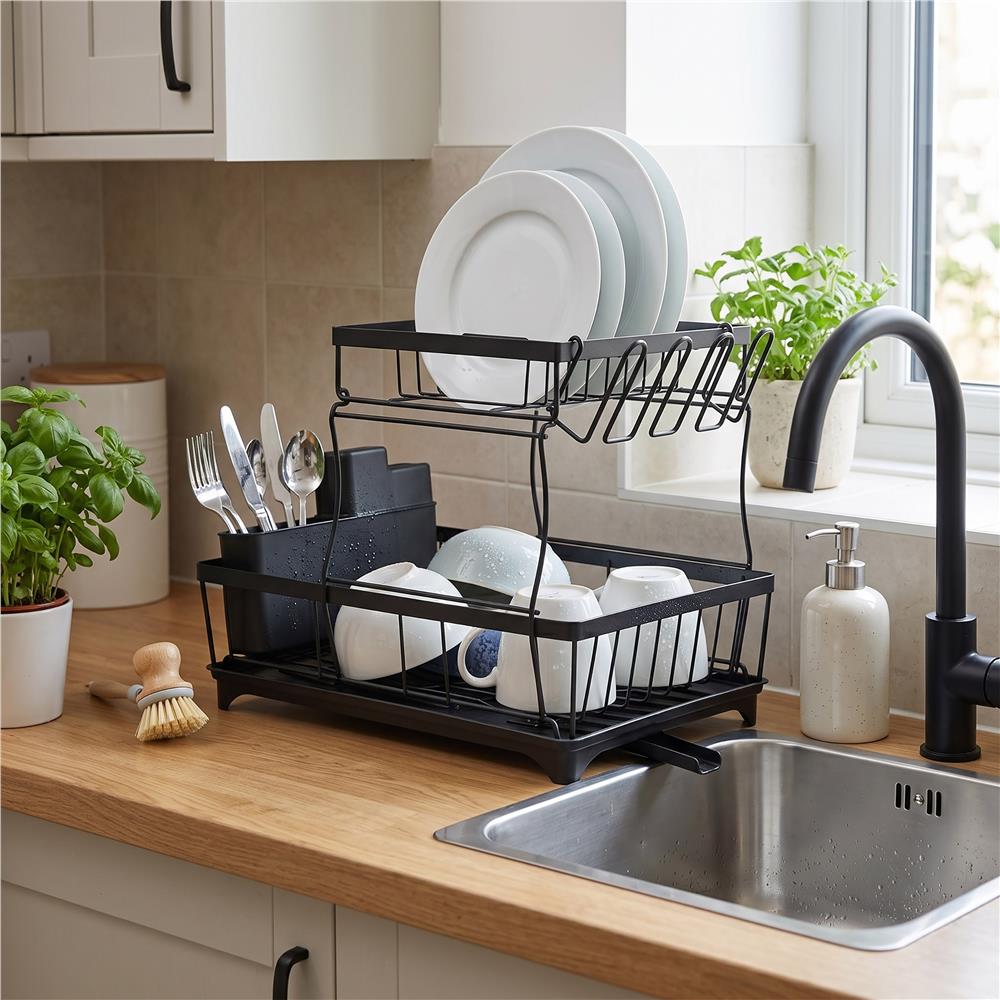 Uscator de vase cu 2 niveluri pentru farfurii, pahare si tacamuri, sistem de scurgere a apei rotativ cu evacuare reglabila, tava de colectare a apei, structura metalica, 42x30x31 cm, negru - imagine 19