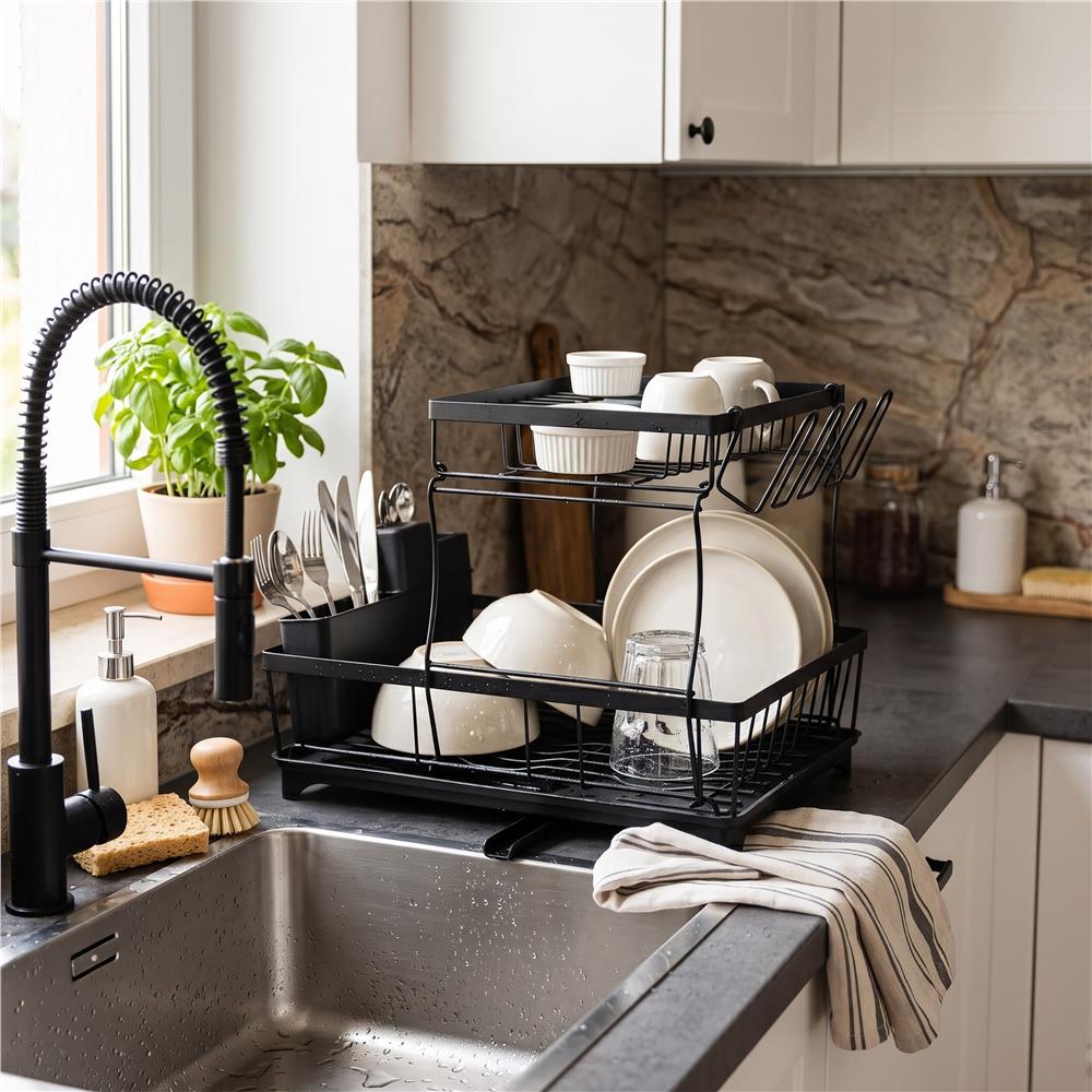 Uscator de vase cu 2 niveluri pentru farfurii, pahare si tacamuri, sistem de scurgere a apei rotativ cu evacuare reglabila, tava de colectare a apei, structura metalica, 42x30x31 cm, negru - imagine 20