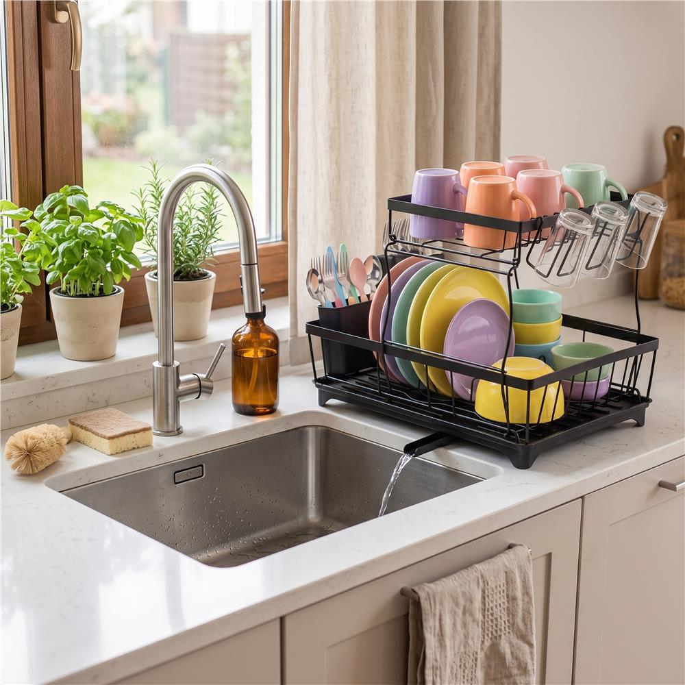 Uscator de vase cu 2 niveluri pentru farfurii, pahare si tacamuri, sistem de scurgere a apei rotativ cu evacuare reglabila, tava de colectare a apei, structura metalica, 42x30x31 cm, negru - imagine 21