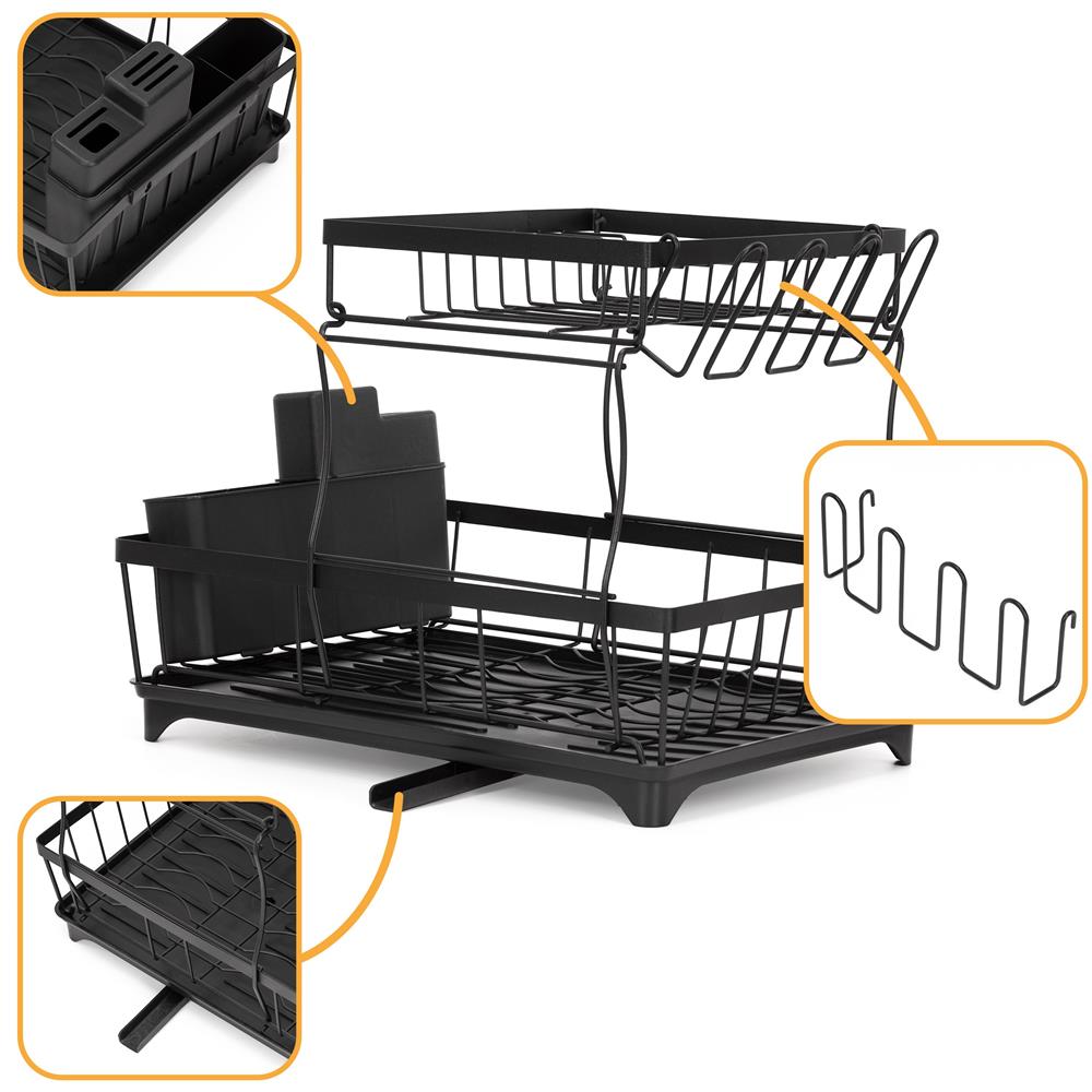 Uscator de vase cu 2 niveluri pentru farfurii, pahare si tacamuri, sistem de scurgere a apei rotativ cu evacuare reglabila, tava de colectare a apei, structura metalica, 42x30x31 cm, negru - imagine 22