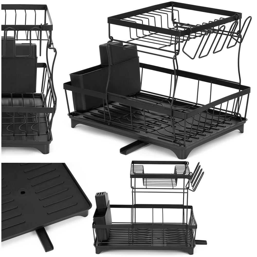Uscator de vase cu 2 niveluri pentru farfurii, pahare si tacamuri, sistem de scurgere a apei rotativ cu evacuare reglabila, tava de colectare a apei, structura metalica, 42x30x31 cm, negru - imagine 26