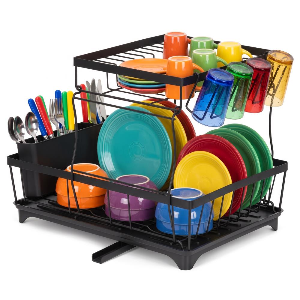 Uscator de vase cu 2 niveluri pentru farfurii, pahare si tacamuri, sistem de scurgere a apei rotativ cu evacuare reglabila, tava de colectare a apei, structura metalica, 42x30x31 cm, negru - imagine 10