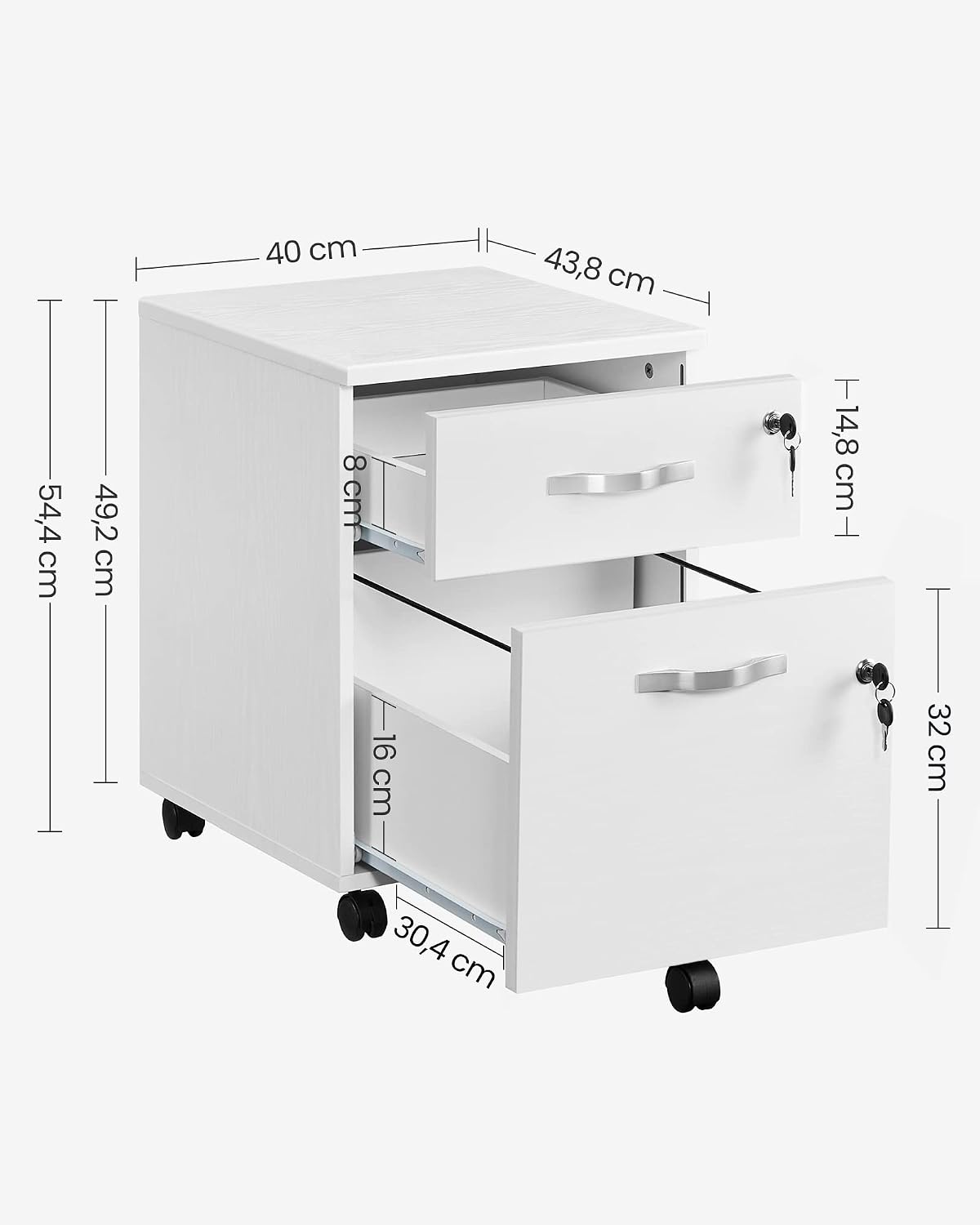 Dulapior de birou cu 2 sertare, incuietori, suport dosare A4, 5 roti, 44x40x55 cm, alb [2]