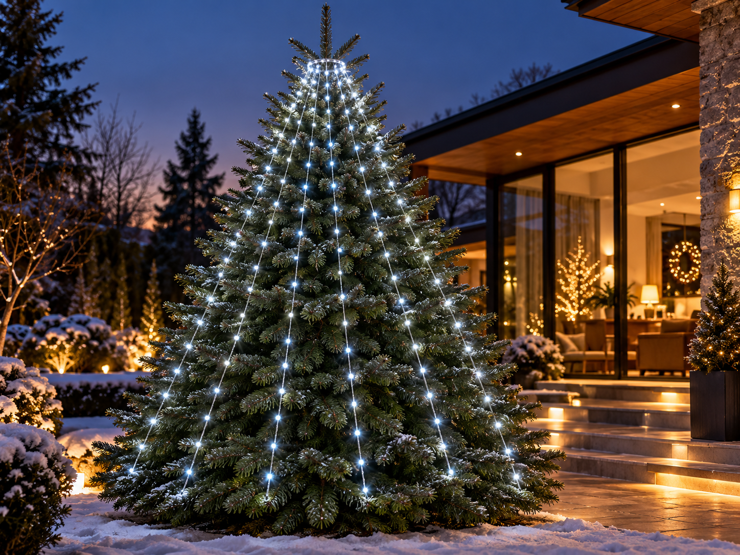 Instalatie luminoasa de Craciun cu inel pentru brad si copaci, 480 LED-uri pe 16 siruri de 3 m, 13 functii de iluminare, memorie si timer, pentru interior si exterior, alb rece - imagine 5