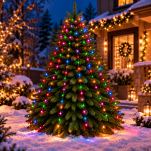 Instalatie luminoasa de Craciun cu inel pentru brad si copaci, 480 LED-uri pe 16 siruri de 3 m, 13 functii de iluminare, memorie si timer, pentru interior si exterior, multicolor