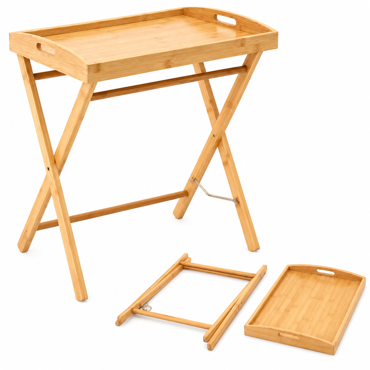 Masuta pliabila din bambus cu tava detasabila pentru servire, masuta auxiliara pentru cafea, mic dejun sau laptop, structura rabatabila, 49x35x59 cm, natur - imagine 4