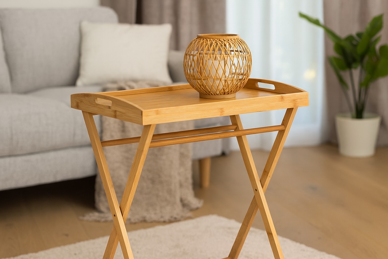 Masuta pliabila din bambus cu tava detasabila pentru servire, masuta auxiliara pentru cafea, mic dejun sau laptop, structura rabatabila, 49x35x59 cm, natur - imagine 7