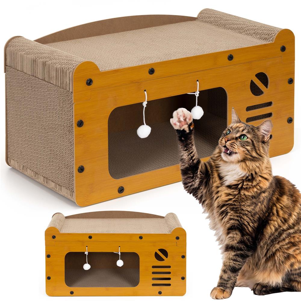Ansamblu de joaca pentru pisici 2 in 1, cu suprafata de zgariat din carton ondulat, culcus detasabil si ascunzatoare pentru odihna, platforma superioara de relaxare, structura MDF, 56x28x30 cm, maro - imagine 3