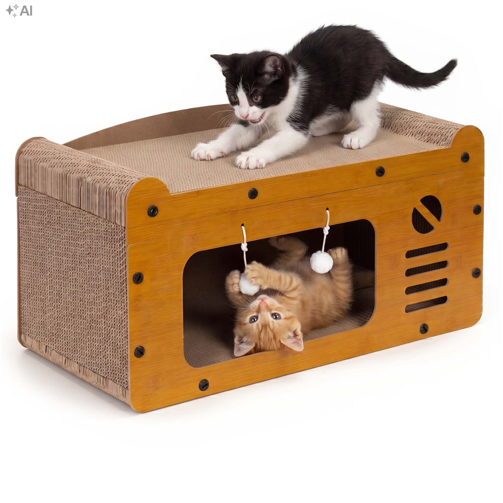 Ansamblu de joaca pentru pisici 2 in 1, cu suprafata de zgariat din carton ondulat, culcus detasabil si ascunzatoare pentru odihna, platforma superioara de relaxare, structura MDF, 56x28x30 cm, maro - imagine 13