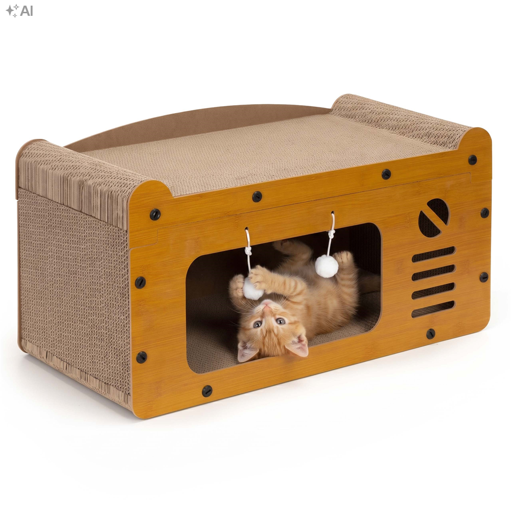 Ansamblu de joaca pentru pisici 2 in 1, cu suprafata de zgariat din carton ondulat, culcus detasabil si ascunzatoare pentru odihna, platforma superioara de relaxare, structura MDF, 56x28x30 cm, maro - imagine 14
