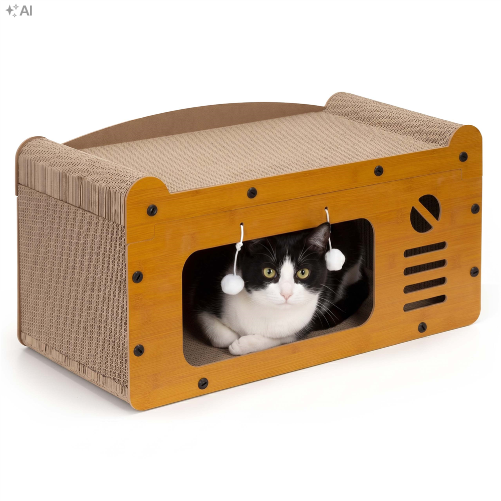 Ansamblu de joaca pentru pisici 2 in 1, cu suprafata de zgariat din carton ondulat, culcus detasabil si ascunzatoare pentru odihna, platforma superioara de relaxare, structura MDF, 56x28x30 cm, maro - imagine 15