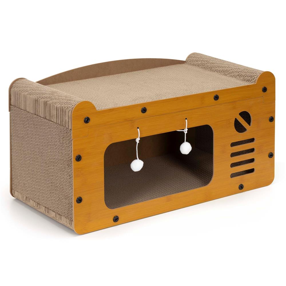 Ansamblu de joaca pentru pisici 2 in 1, cu suprafata de zgariat din carton ondulat, culcus detasabil si ascunzatoare pentru odihna, platforma superioara de relaxare, structura MDF, 56x28x30 cm, maro
